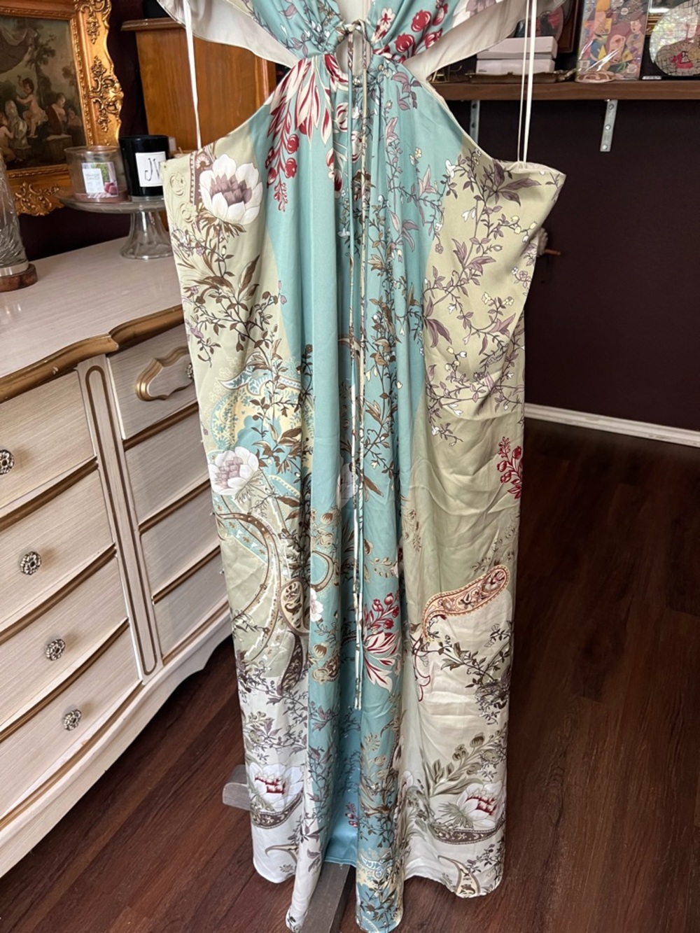 Express Satin Floral V-Neck Puff Sleeve Tie Front Cutout Maxi Dress Large - Picture 5 of 11